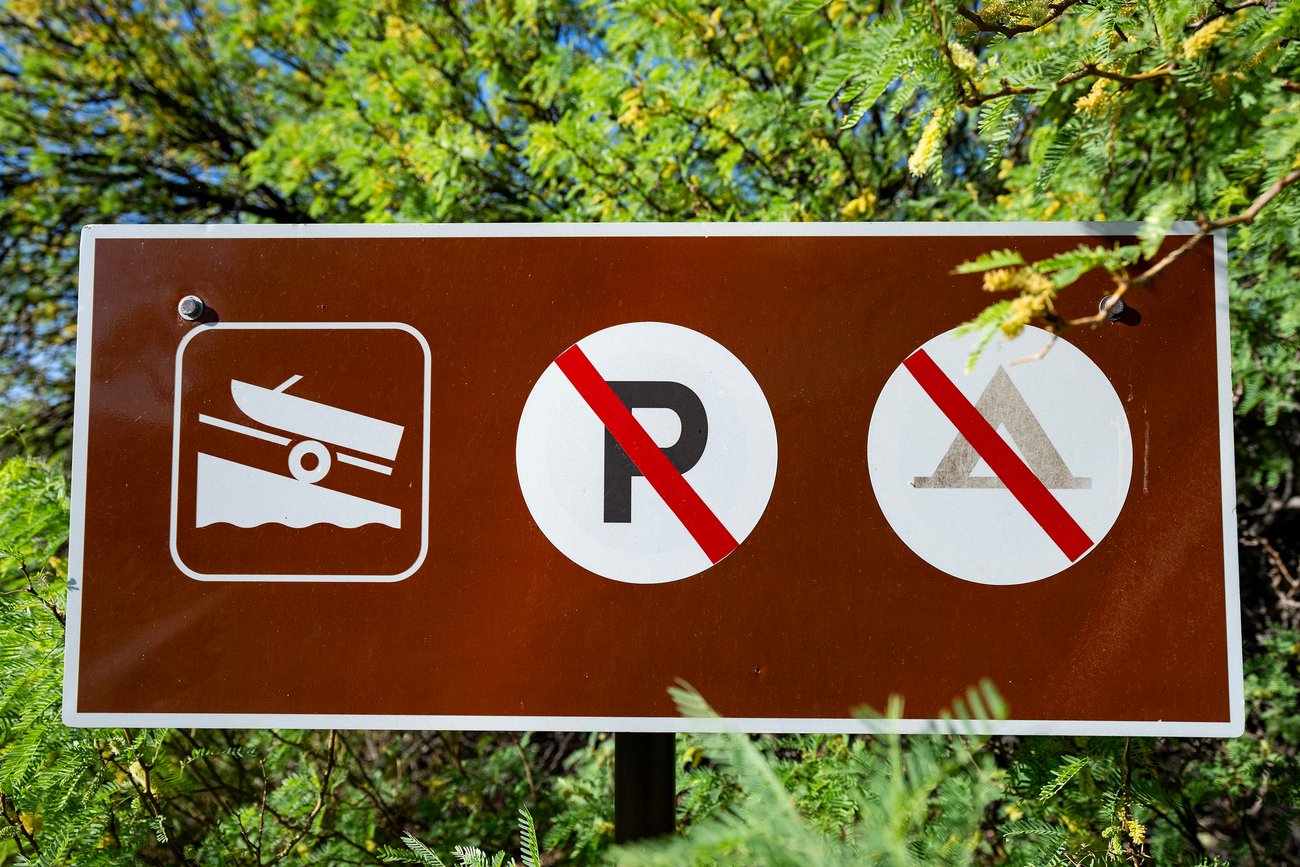 A recreation sign is seen near a boat ramp inside of Big Bend National Park